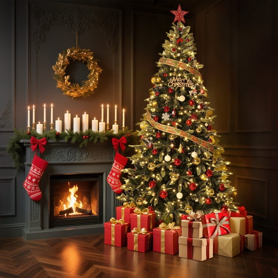 Automatic Pencil Christmas Tree Prelit with 8 Light Modes - 6.5/7.5FT Slim Xmas Tree with 300/450 Warm White LEDs, Hinged Expansion for Easy Setup