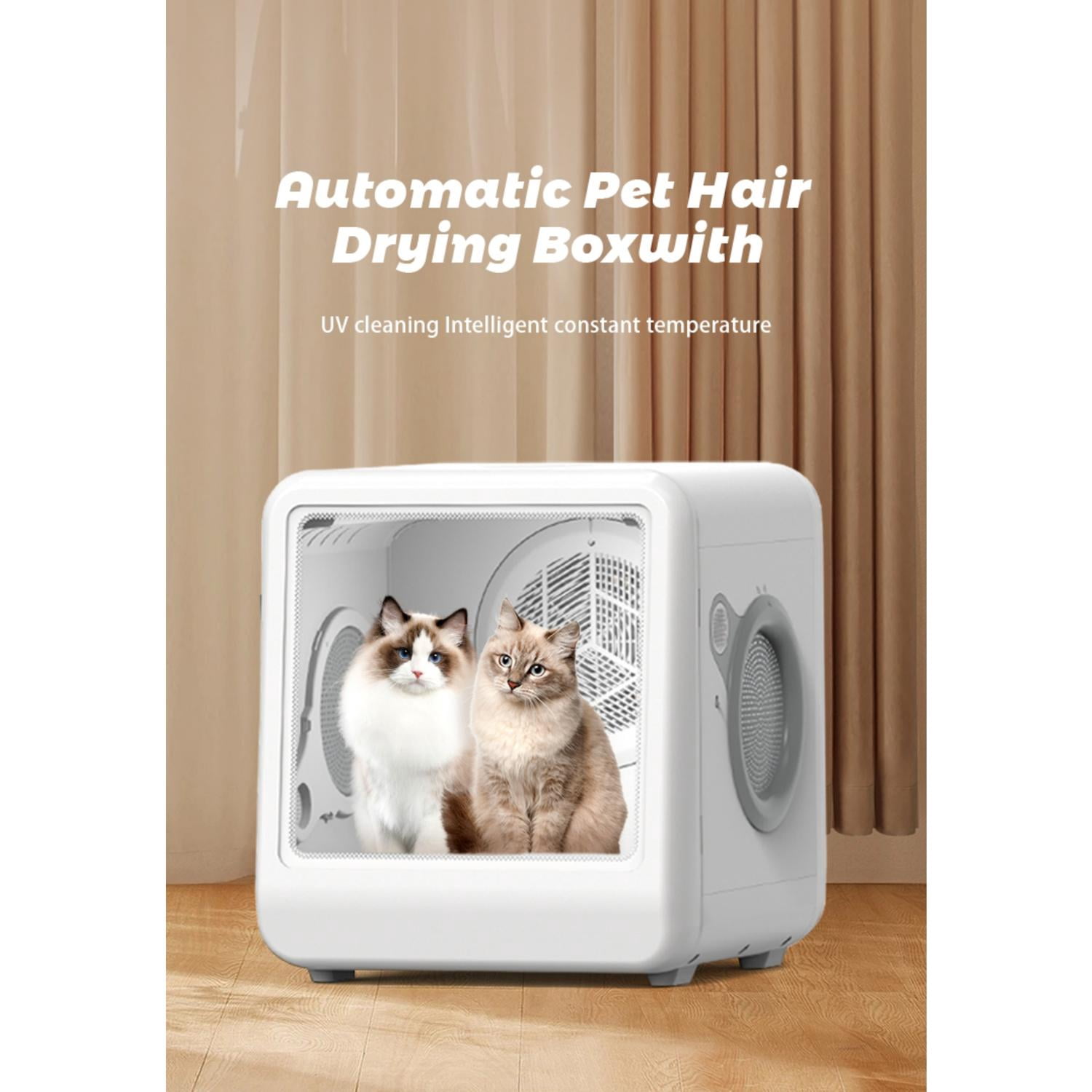Automatic Pet Dryer Room Box Cabinet for Cats and Small Dogs, Quiet Grooming Dryer with Cool Hot Wind and 3 Speed Timer Settings, Indoor Pet Hair Drying Machine, Cream White
