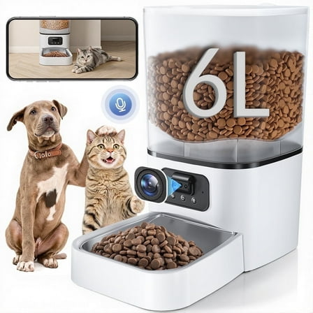 Automatic Cat Feeder with Camera & Night Vision, DOMIPET WiFi Cat Food Dispenser Dog Timed Feeder Two-way Audio 6L Pet Feeder for Cat/Dog, APP