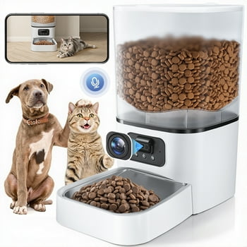 Automatic Cat Feeder with Camera & Night Vision, DOMIPET WiFi Cat Food Dispenser Dog Timed Feeder Two-way Audio 6L Pet Feeder for Cat/Dog, APP