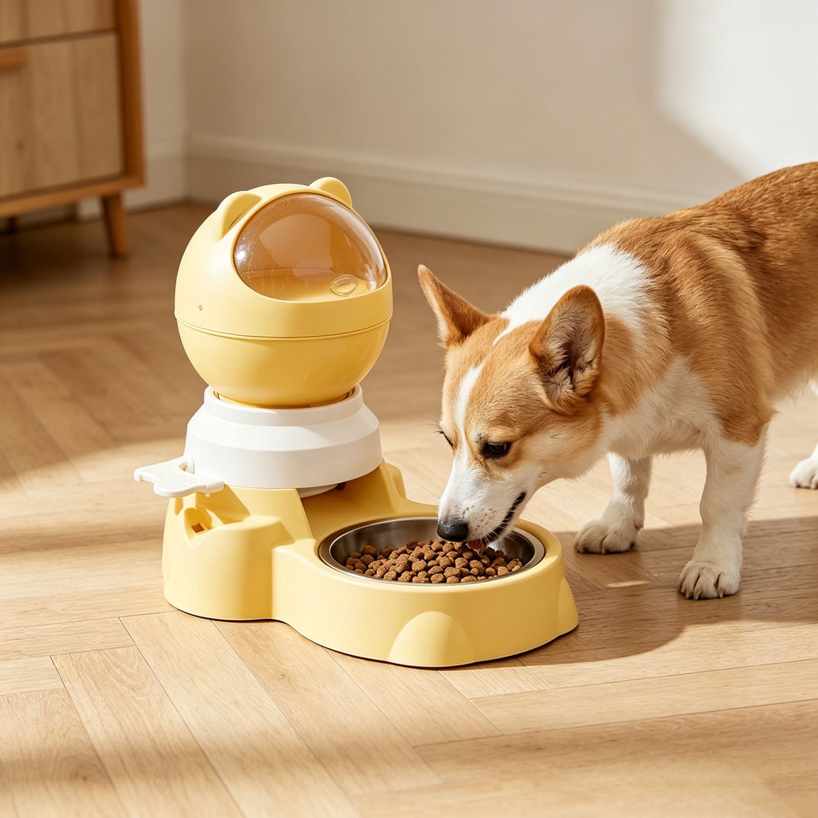 Automatic Pet Feeder 2-in-1 Automatic & Push Button Slow Food Dispenser with Stainless Steel Bowl Interactive Slow Feeder for Dogs Cats Healthy Eating