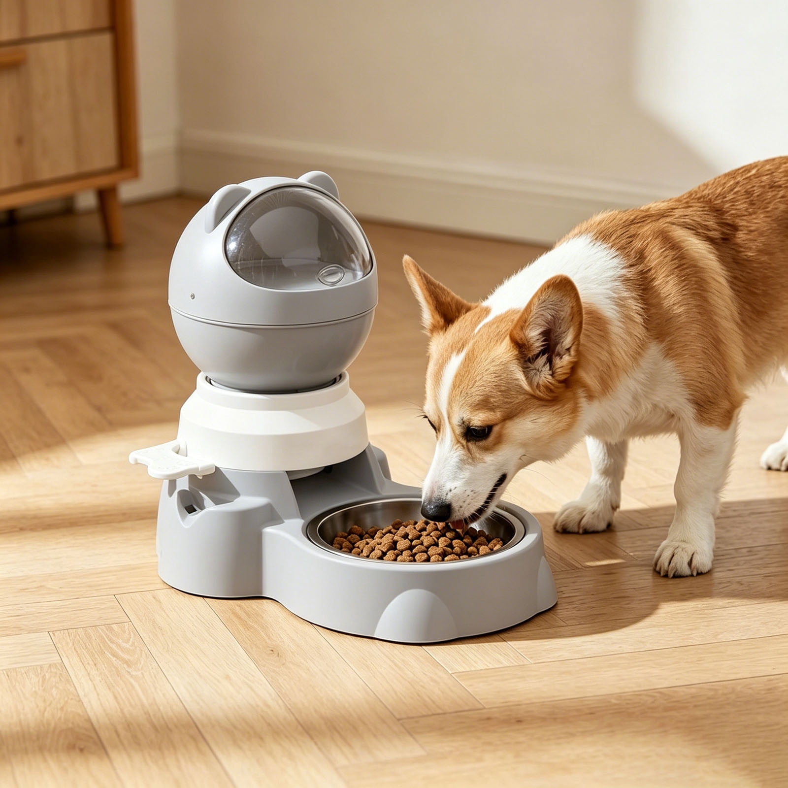 Automatic Pet Feeder 2-in-1 Automatic & Push Button Slow Food Dispenser with Stainless Steel Bowl Interactive Slow Feeder for Dogs Cats Healthy Eating