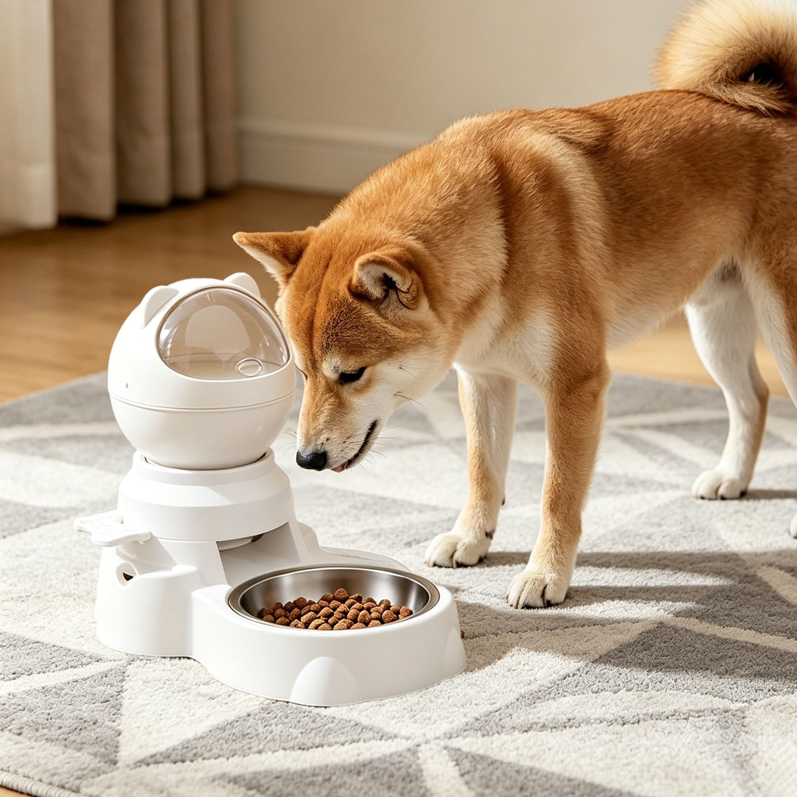 Automatic Pet Feeder 2-in-1 Automatic & Push Button Slow Food Dispenser with Stainless Steel Bowl Interactive Slow Feeder for Dogs Cats Healthy Eating