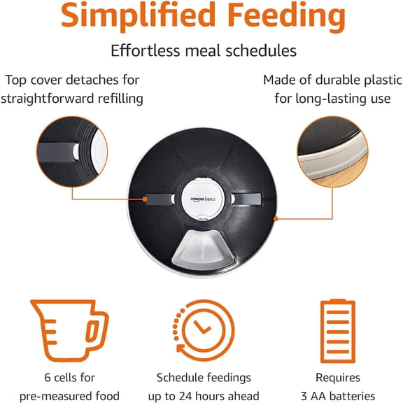 Automatic Pet Feeder, Electronic Timed Dog and Cat Food Dispenser, 6 Portions, Plastic, Black