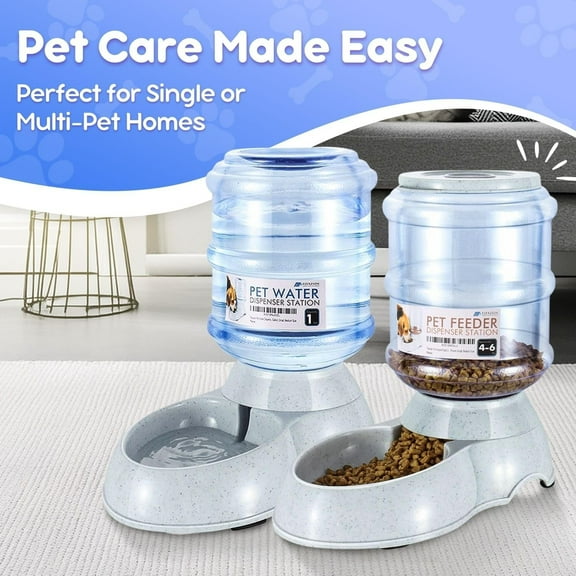 Automatic Pet Feeder & Waterer Set of 2 Pack, Self Feeding Replenish Dog  Bowls, Gravity Food & Water Storage Container Fountain Jug Pet Supplies Plastic Skid Proof Rubber Feet (1 Gallon)