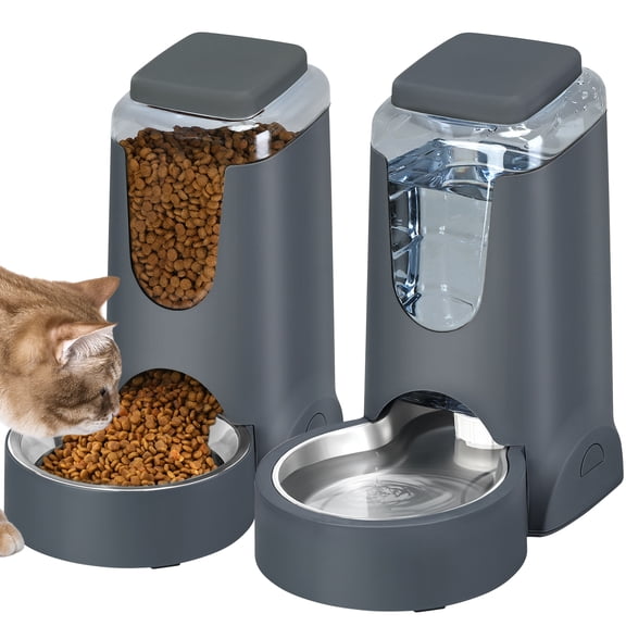 2 Pack Cat Automatic Feeder and Water Dispenser with Stainless Steel Bowl