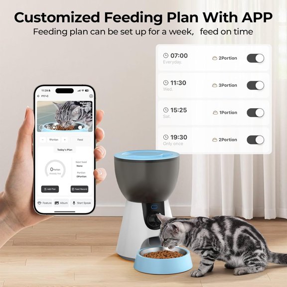 Automatic Pet Feeder with Camera, 1304P HD Video Night Vision, 2-Way Voice, WiFi App Control, 4L Timed Dispenser for Cats Dogs