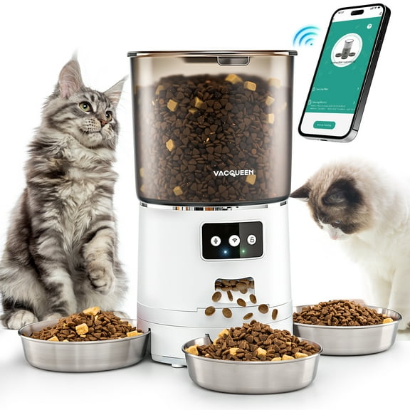 Vacqueen Automatic Cat Food Dispenser, Programmable Feeders Indoor with 6L Capacity and Portion Control