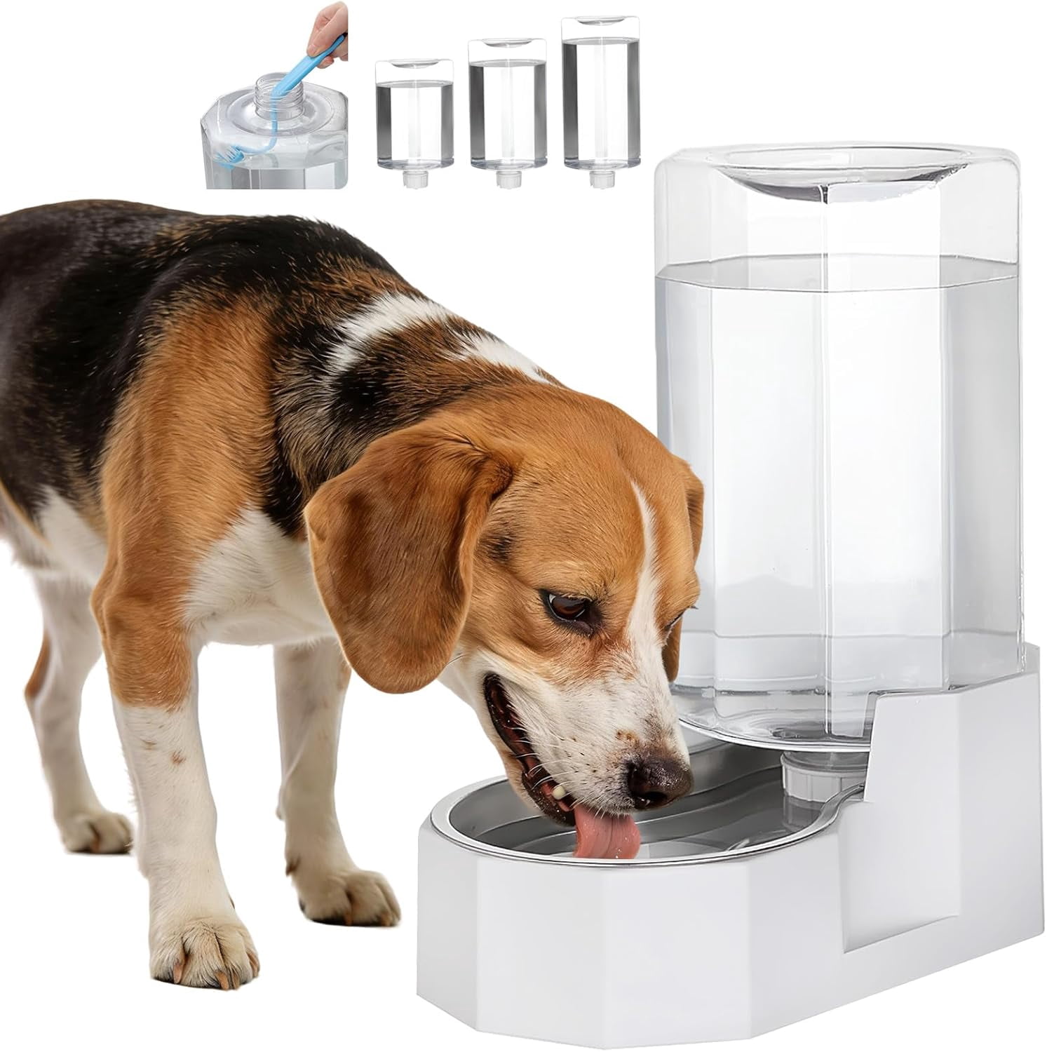 Automatic Pet Water Dispenser: 8L White Gravity Stainless Steel Water Bowl - with Specialized Brush - Angular Water Feeder for Senior Pet Dogs with Neck Pain Relief in Living Room Bedroom