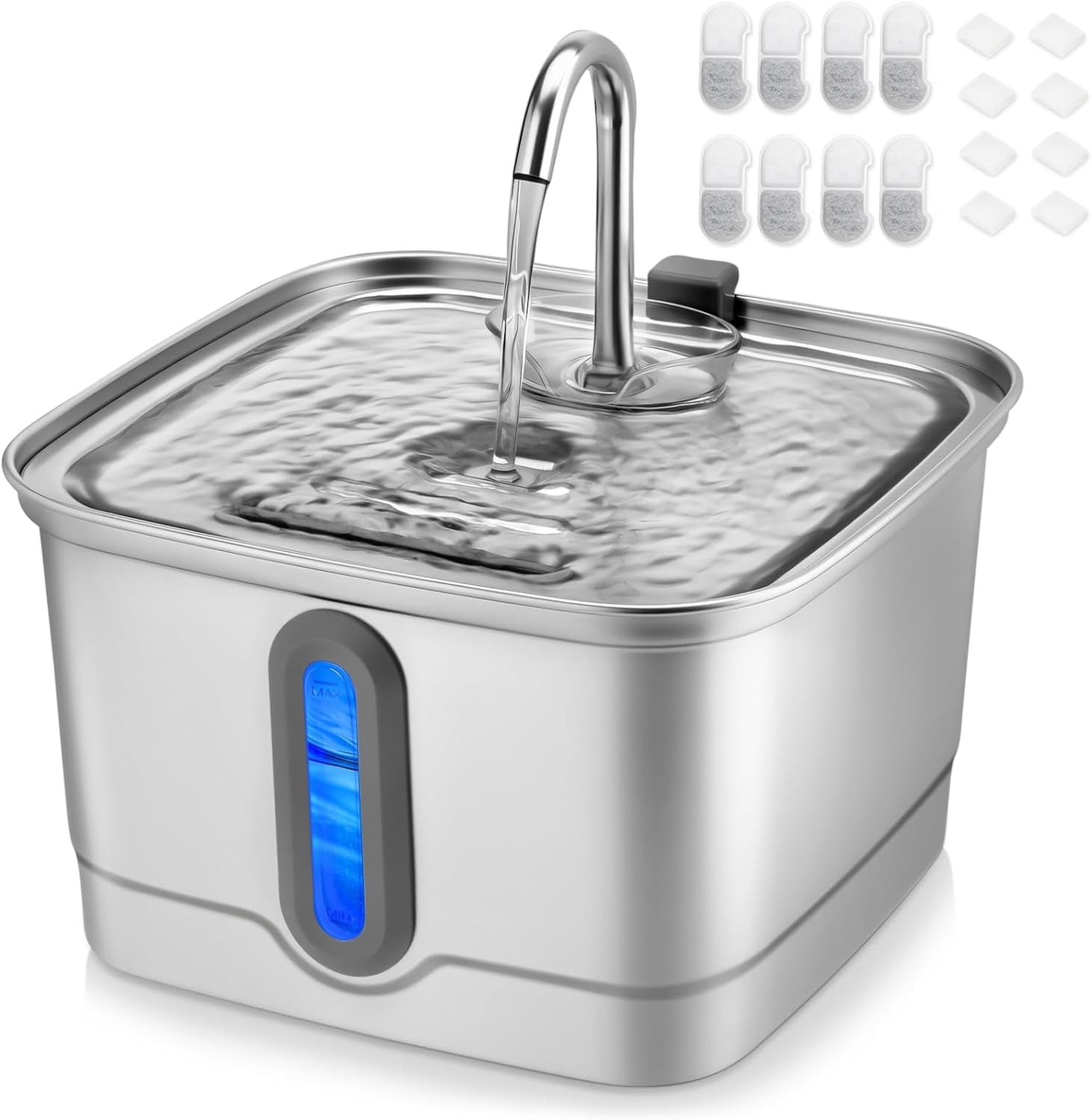 Automatic Pet Water Fountain, 101oz/3L Stainless Steel Cat and Dog Water Dispenser with Replacement Filters and Sponges (8 Filters, 8 Sponges)