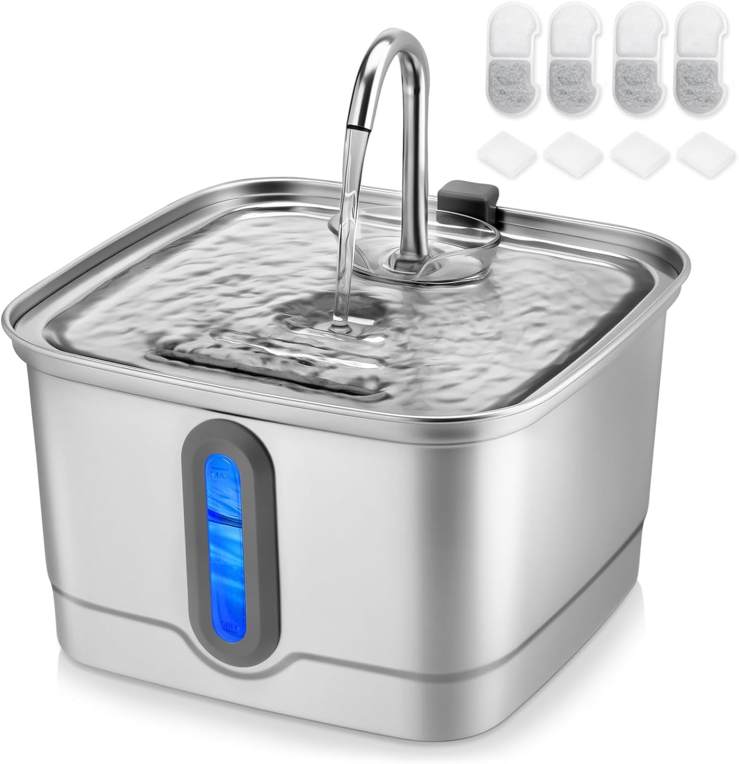Automatic Pet Water Fountain, 101oz/3L Stainless Steel Cat and Dog Water Dispenser with Replacement Filters and Sponges (8 Filters, 8 Sponges)