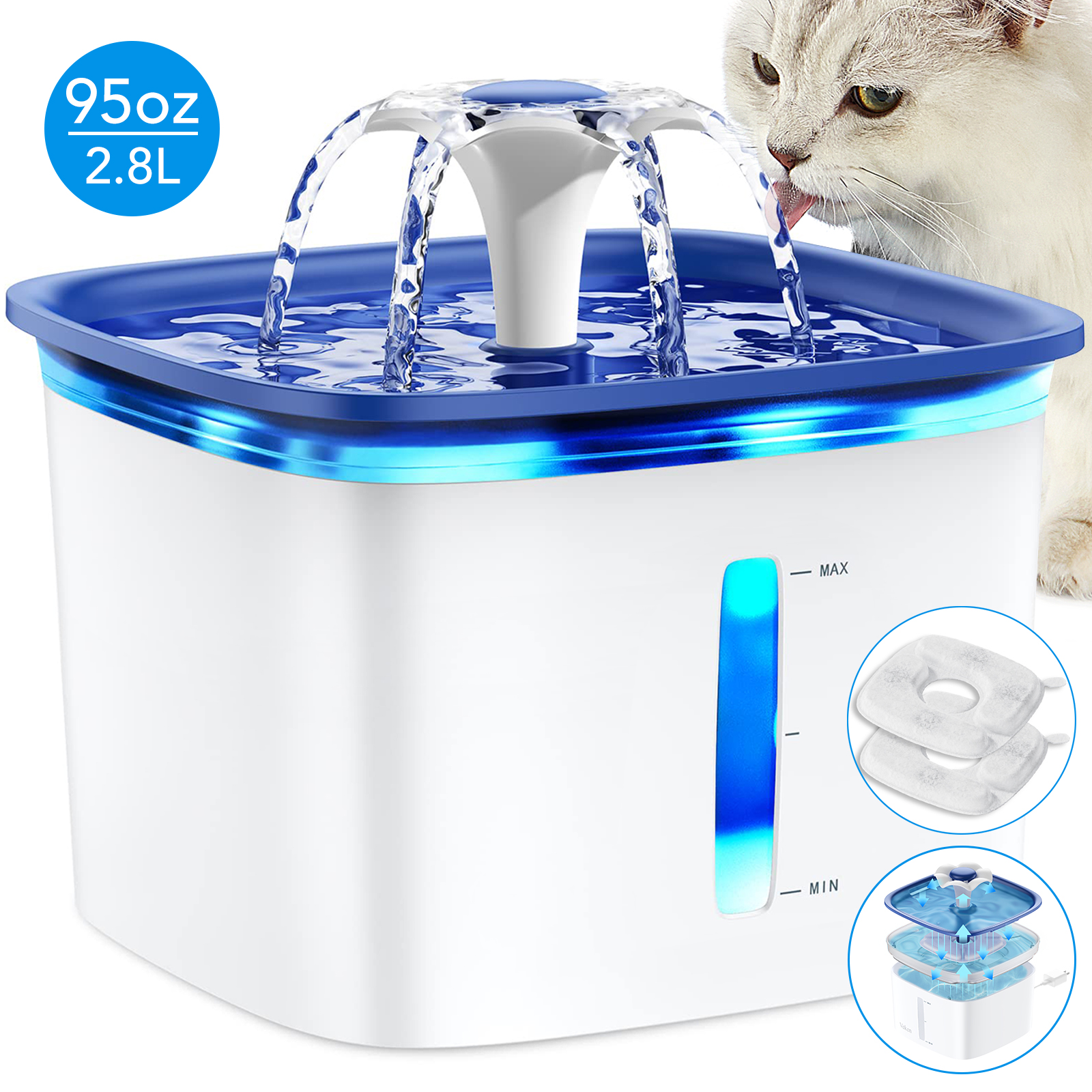 Automatic Pet Water Fountain 95oz/2.8L with Replacement Filters, Electric Water Bowl for Cats, Dogs, Multiple Pets, Cat & Dog Water Dispenser with Efficient Pump, Blue, Plastic - image 1 of 11