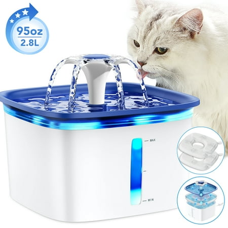 Automatic Pet Water Fountain 95oz/2.8L with Replacement Filters, Electric Water Bowl for Cats, Dogs, Multiple Pets, Cat & Dog Water Dispenser with Efficient Pump, Blue, Plastic