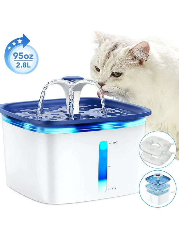 Automatic Pet Water Fountain 95oz/2.8L with Replacement Filters, Electric Water Bowl for Cats, Dogs, Multiple Pets, Cat & Dog Water Dispenser with Efficient Pump, Blue, Plastic