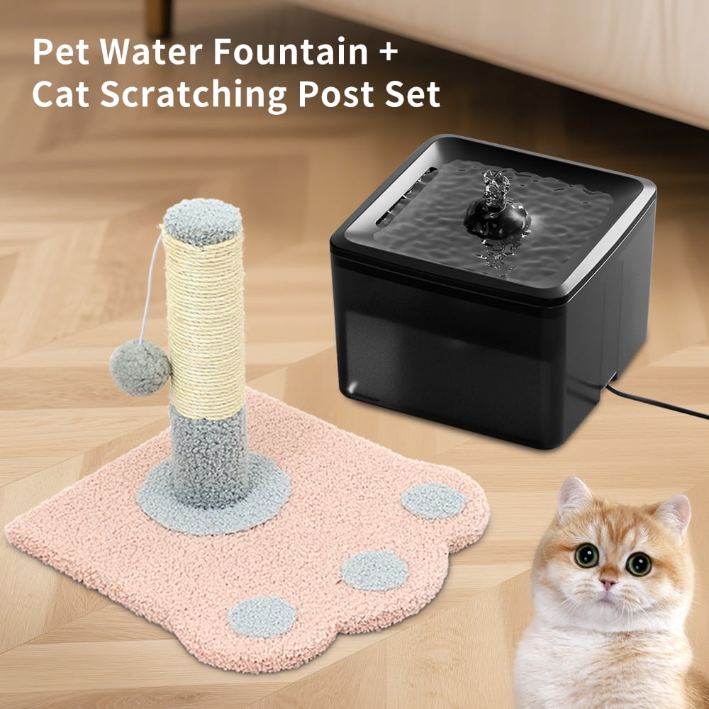 Automatic Pet Water Fountain + Scratching Tower, Ultra Quiet Circulating Drinking System with Fresh Flowing Water for Hydrated Cats Dogs, Black/3800ml