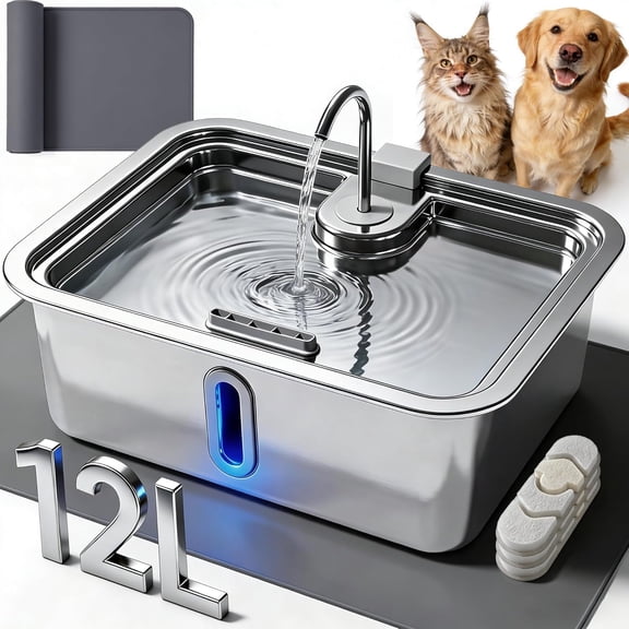 Automatic Pet Water Fountain with Silicone Mat & 3 Filters, Stainless Steel Dispenser with Visible Window and Alert Light for Large Dogs and Cats