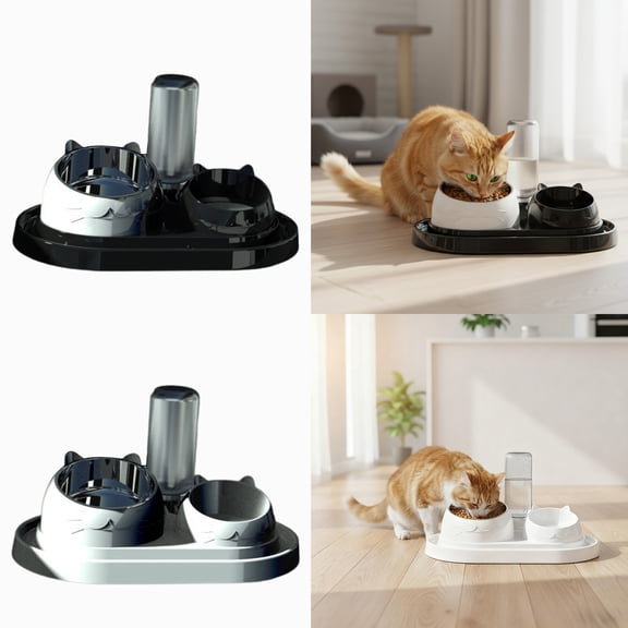 Automatic Pet Waterer Double Bowl for Cats Dogs | Stainless Steel Food & Water Bowl | Intelligent Auto Filling | Non-Slip Base | Easy Clean | 40x23x18cm | Black White | Pet Drinking Accessories