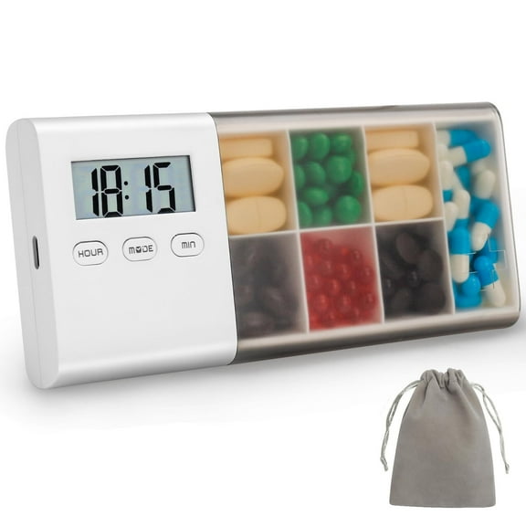 Automatic Pill Dispenser Portable Pill Container with LCD Display, Sound & Light Alerts, Built-in 5 Alarms, Countdown Timer, 7 Day Medicine Box Organizer for Travel, Business Trip, Vacation