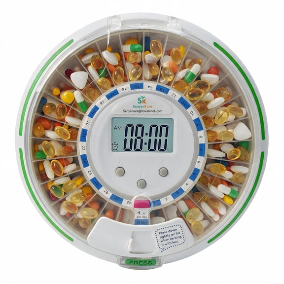 Automatic Pill Dispenser for Seniors with Alarms & Safety Lock, 28 Slot, Light & Sound Alarm