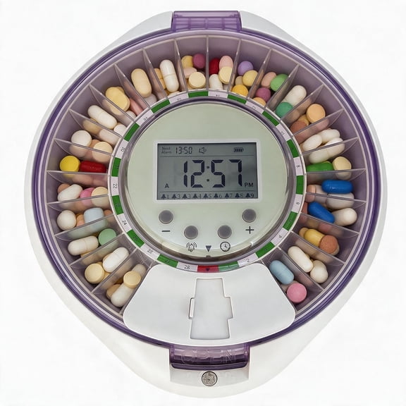 Automatic Pill Dispenser with Alarms & Top Key Lock for Seniors, Ergonomic Curved Lid & Clear LCD for Elderly, Dementia & Chronic Care
