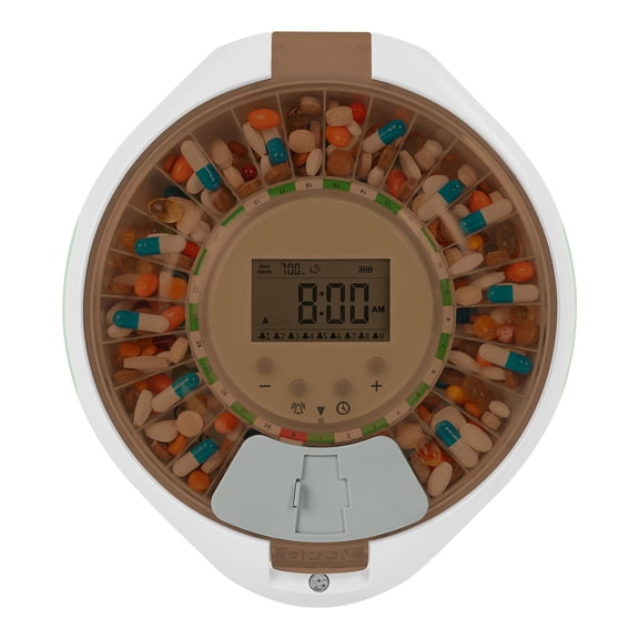 Automatic Pill Dispenser with Alarms & Up to 9 Daily Doses, Sound & Light Reminders, Ergonomic Curved Lid & Clear LCD for Elderly