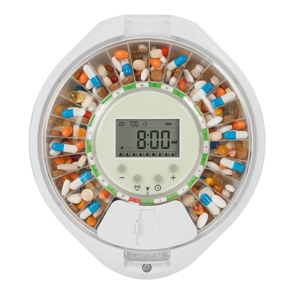 Automatic Pill Dispenser with Alarms for Seniors, Up to 9 Daily Doses, Sound & Light Reminders, Ergonomic Curved Lid