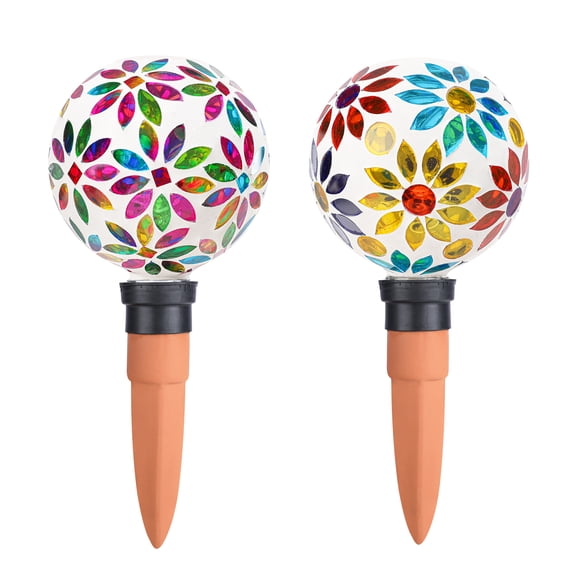 Automatic Plant Waterer,Mosaic Glass Ball Self-Watering Stake with Decorative Flower Pattern,for Indoor/Outdoor Potted Plants, Garden Decor,2 PACK