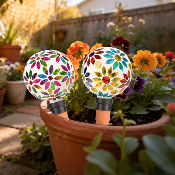 Automatic Plant Waterer,Mosaic Glass Ball Self-Watering Stake with Decorative Flower Pattern,for Indoor/Outdoor Potted Plants, Garden Decor,2 PACK