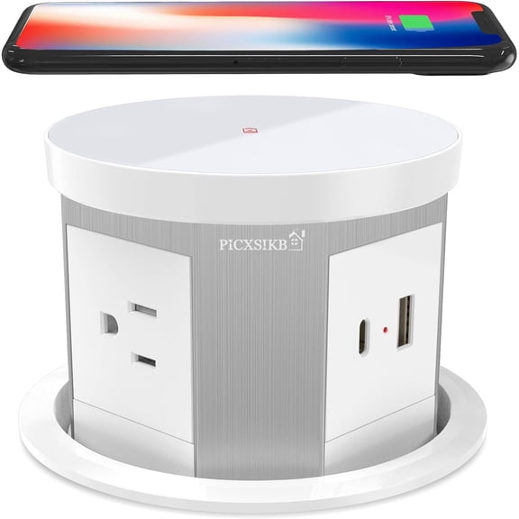 Automatic Pop Up Outlet, 4.33 inch Pop Up Outlet for Countertop with 15W Wireless Charger 3 AC Plug 1 USB-A 1 USB-C Hidden Outlet 5 FT Cord for for Kitchen/Home/Office (White)