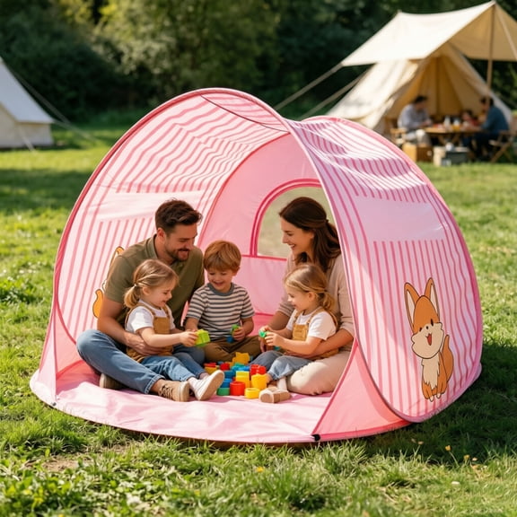 Automatic Pop Up Beach Tent, Cartoon Animal Print Instant Setup Sun Shelter, UPF UV Protection Portable Foldable Play Tent With Mesh Windows(Pink)
