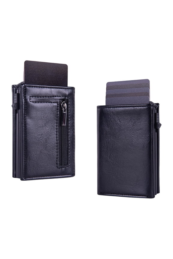 Automatic Pop Up Rfid Blocking Wallet Anti Skimming Card Holder With Zippered Coin Pocket For Daily Business Travel Outdoor Sport(Black-10X7X2.5Cm)