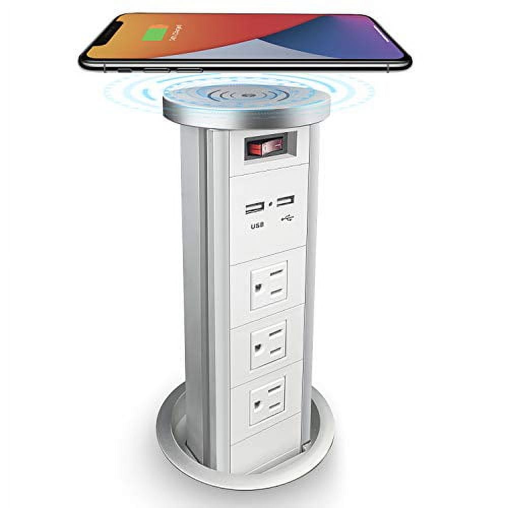 Automatic Pop up Outlet for Countertop with 15W Wireless Charger, 4 Hole  Hidden Recessed Pop Up Socket,PD 20W USB C,2 TR AC Plug,2 USB A Desk