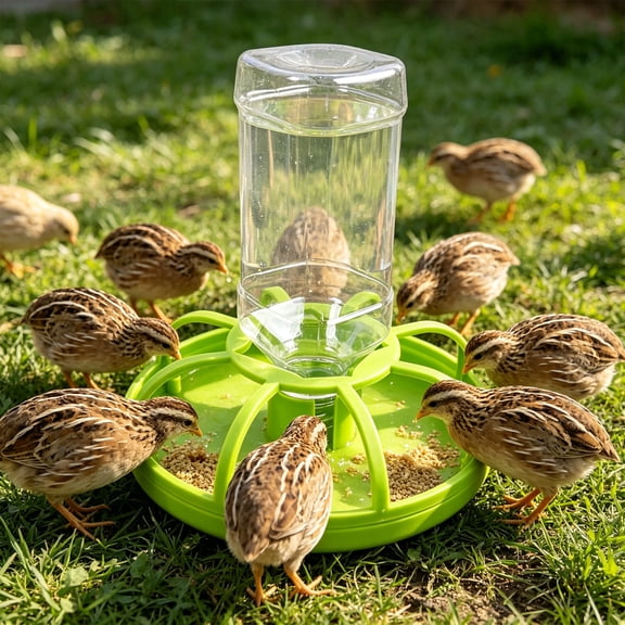 Automatic Poultry Feeder for Chicks & Quail – Gravity-Fed Transparent Reservoir with Green Anti-Spill Base (Multi-Bird Compatible)