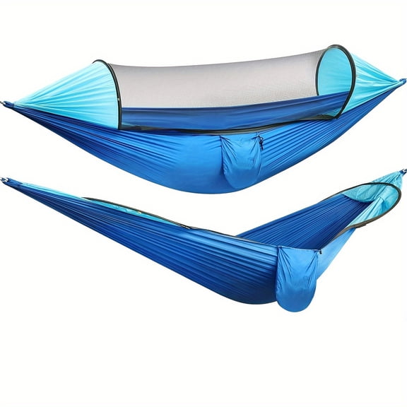 Automatic Quick-Set Mosquito Net Hammock for Outdoor Camping, Nylon with Poles, Anti-Mosquito Hammock, 661LB Load Capacity, Sapphire Blue & Light Blue