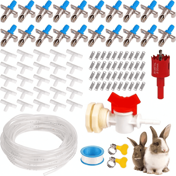 Automatic Rabbit Watering Kit with 24 Nipple Drinkers , 46ft Clear Hose & Full Accessories - Leak-Proof Bunny Waterer System for Rabbits, Guinea Pigs, Small Animals