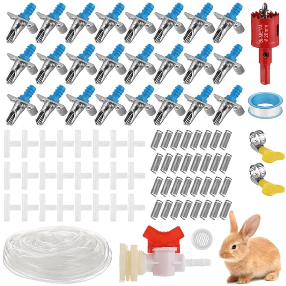 Automatic Rabbit Watering System, Rabbit Automatic Waterer Kit, 24 Pcs Drinkers with 5/16" Hose, T-Fittings, Springs, Drill, and Gasket for Bunny, Chinchilla