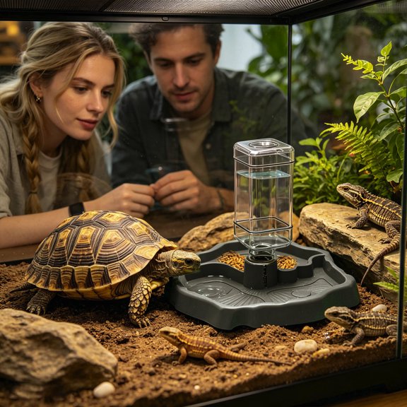 Automatic Reptile Water Dispenser and Food Bowl with Built In Reservoir for Turtle Lizard Terrarium Pet