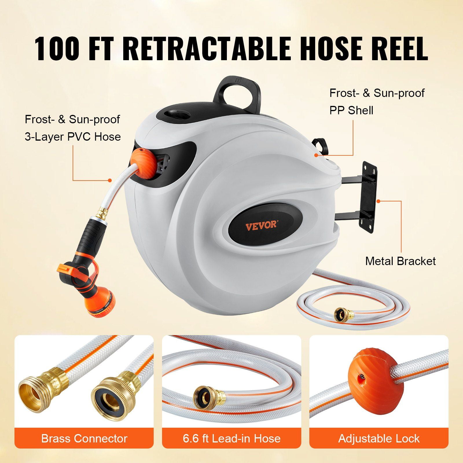 Automatic Retractable Hose Reel 1/2 Inch x 100ft, 180° Swivel Bracket, Lock at Any Length, Includes Spray Nozzle – Easy Storage for Garden Water Hose