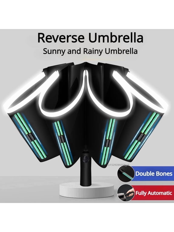 Automatic Reverse Folding Umbrella, Double Bone Rain Umbrella with Reflective Stripe Design for Outdoor Travel and Commuting