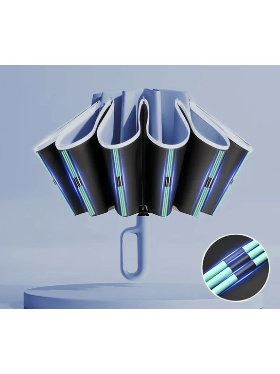 Automatic Reverse Folding Umbrella, Wind Resistant Umbrella with Reflective Stripe for Men and Women
