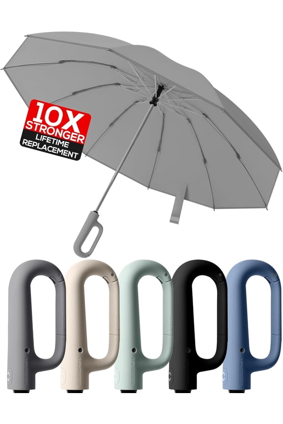 Automatic Reverse Umbrella with Carabiner Clip Handle - Windproof Travel Compact Folding Design, Reflective Safety Strip & Push-Button Open/Close for , Commute