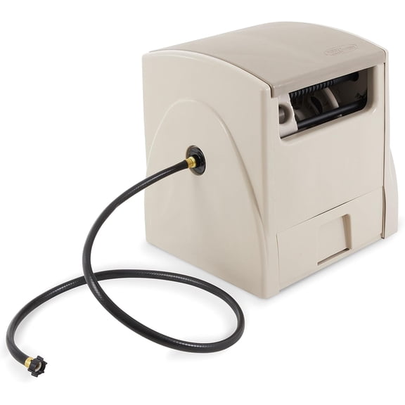 Automatic Rewind Garden Hose Reel 100 Ft 5/8 In Vinyl Hose Holder Box Light Taupe Outdoor Water Pipe Hideaway Storage Cabinet With Smart Track Guide System And Foot Pedal