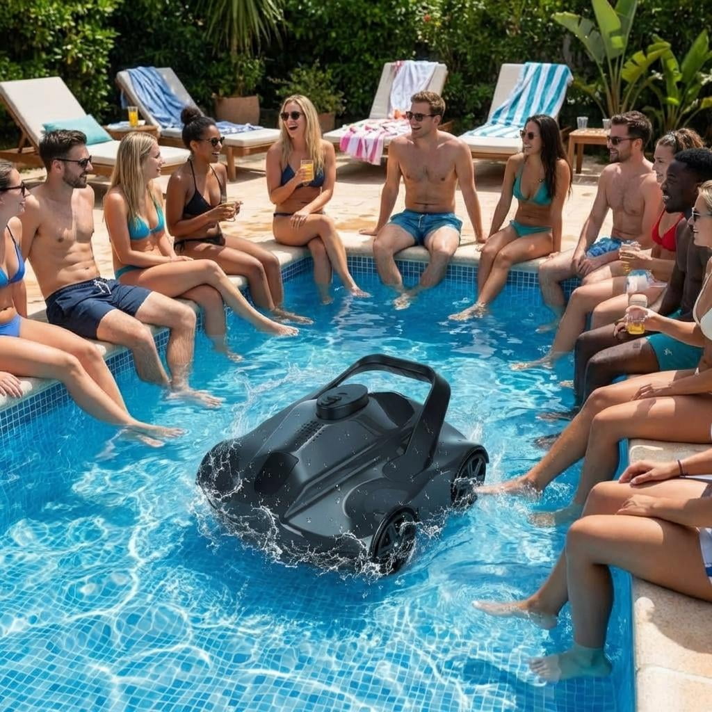 Automatic Robotic Pool Vacuum Cleaner, Electric Pool Robot with Remote Control, Powerful Debris Removal for In-Ground & Above-Ground Pools, Black