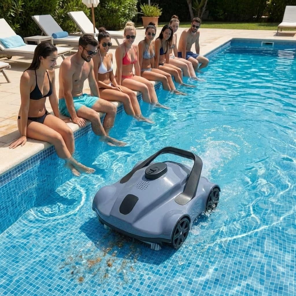 Automatic Robotic Pool Vacuum Cleaner, Electric Pool Robot with Remote Control, Powerful Debris Removal for In-Ground & Above-Ground Pools, Gray