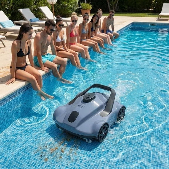 Automatic Robotic Pool Vacuum Cleaner, Electric Pool Robot with Remote Control, Powerful Debris Removal for In-Ground & Above-Ground Pools, Gray
