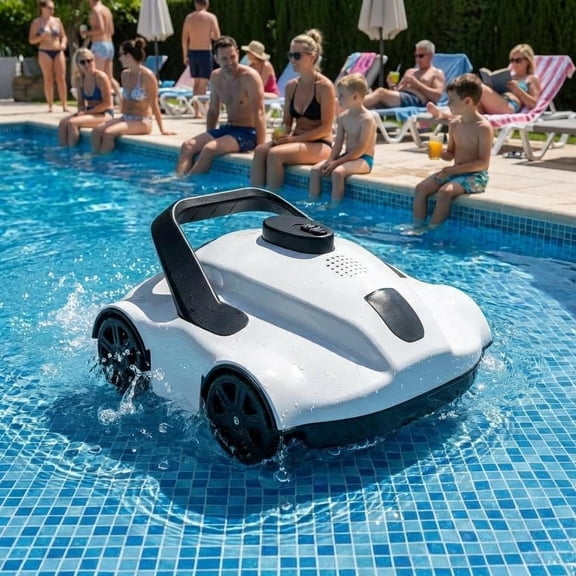 Automatic Robotic Pool Vacuum Cleaner, Electric Pool Robot with Remote Control, Powerful Debris Removal for In-Ground & Above-Ground Pools, White