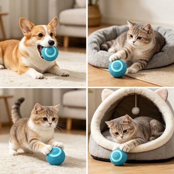 Automatic Rolling Ball Cat Toys Cute, Motion-Activated Smart Dog Busy Toys with Silicone Tail, USB Rechargeable Interactive Toy Indoor Cats for Exercise