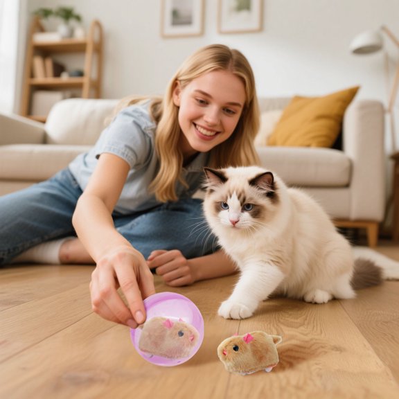 Automatic Rolling Cat Toy Battery Powered Self-Rolling Interactive Pet Ball with Plush Rabbit Hamster Quiet Motion Moving Animal Toy for Indoor Kitten Small Dog Exercise Play