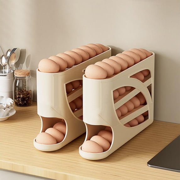 Automatic Rolling Egg Storage Rack with Side Access, Multi-Tier Organizer for up to 30 Eggs, Space-Saving Kitchen Counter, Pantry and Refrigerator Storage Solution, Yellow
