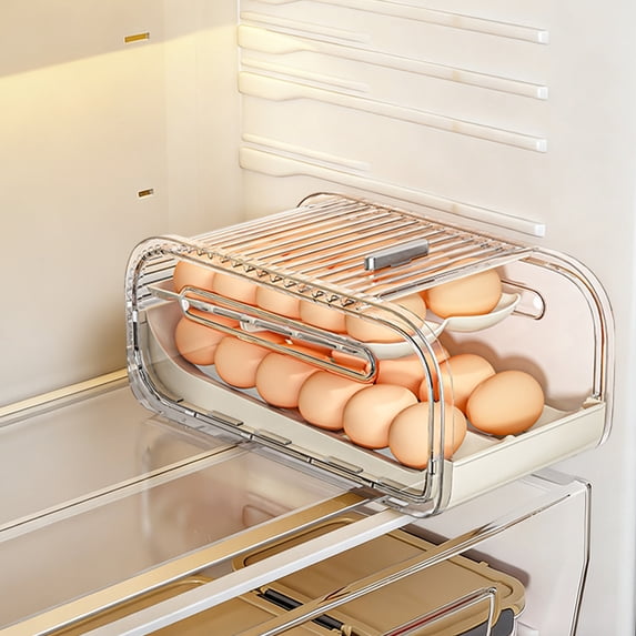 Automatic Rolling Space-Saving Pull-Out Drawer Egg Holder, 2-Tier Egg Storage Organizer with Sliding Lid,Food-Grade PET Container ,Clear Egg Dispenser for Fridge Kitchen & Countertop Organization